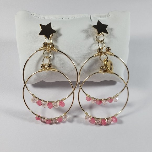 18K GOLD PLATED HOOP DANGLE STARS EARRINGS PINK CRYSTALS COQUETTE STYLE - Picture 1 of 3